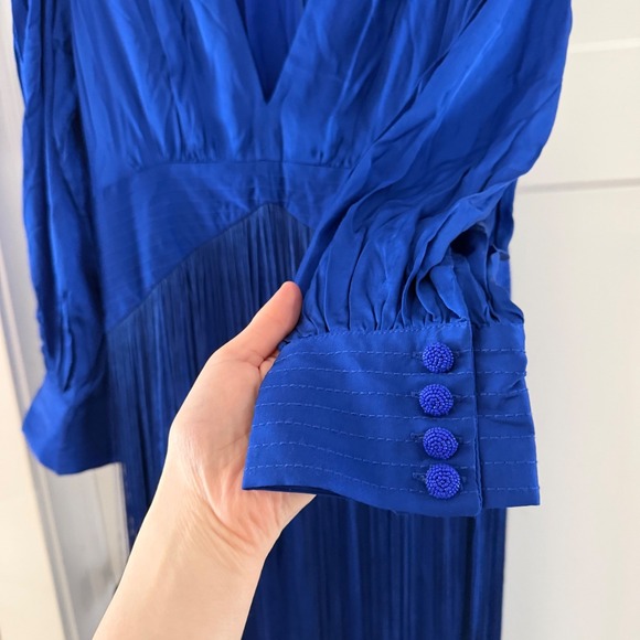 Farm Rio Bright Blue Fringes Maxi Dress Long Sleeve VNeck Beaded Size S Boho NWT
